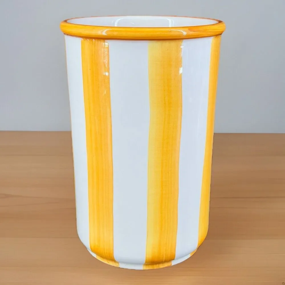 Yellow Stripe Ceramic Utensil Holder - White & Yellow